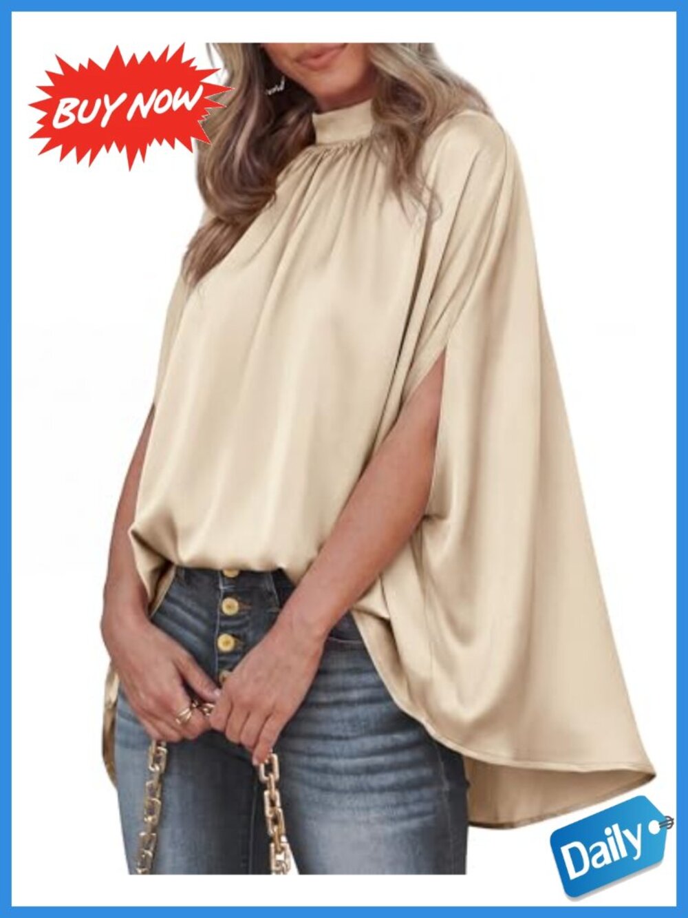 BTFBM Satin Blouse Batwing Sleeve Loose Fit High Low Hem Women
